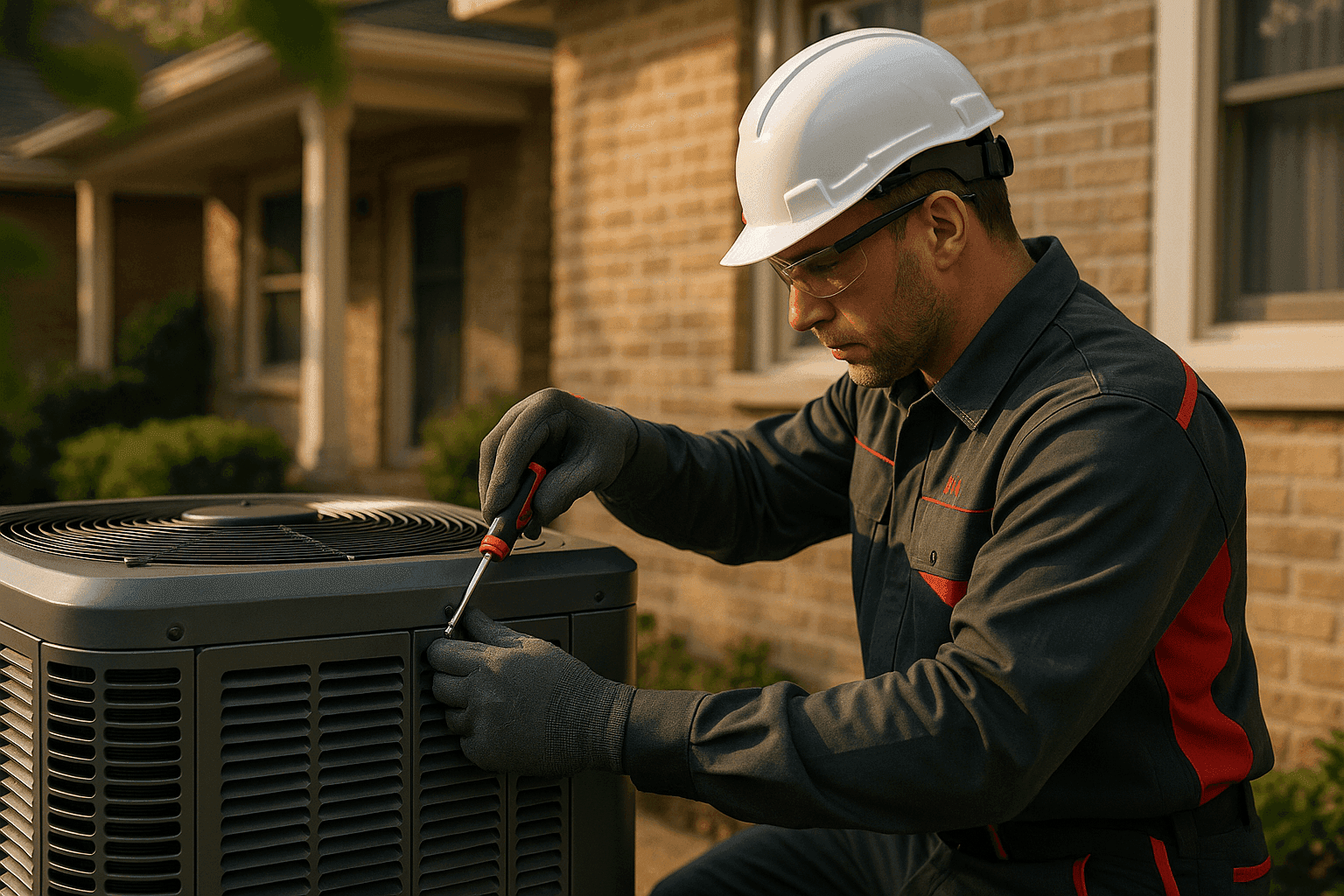 HVAC technician in protective gear adjusting outdoor residential HVAC unit