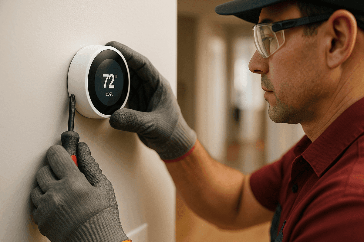 Gloved hands of HVAC technician adjusting modern thermostat indoors