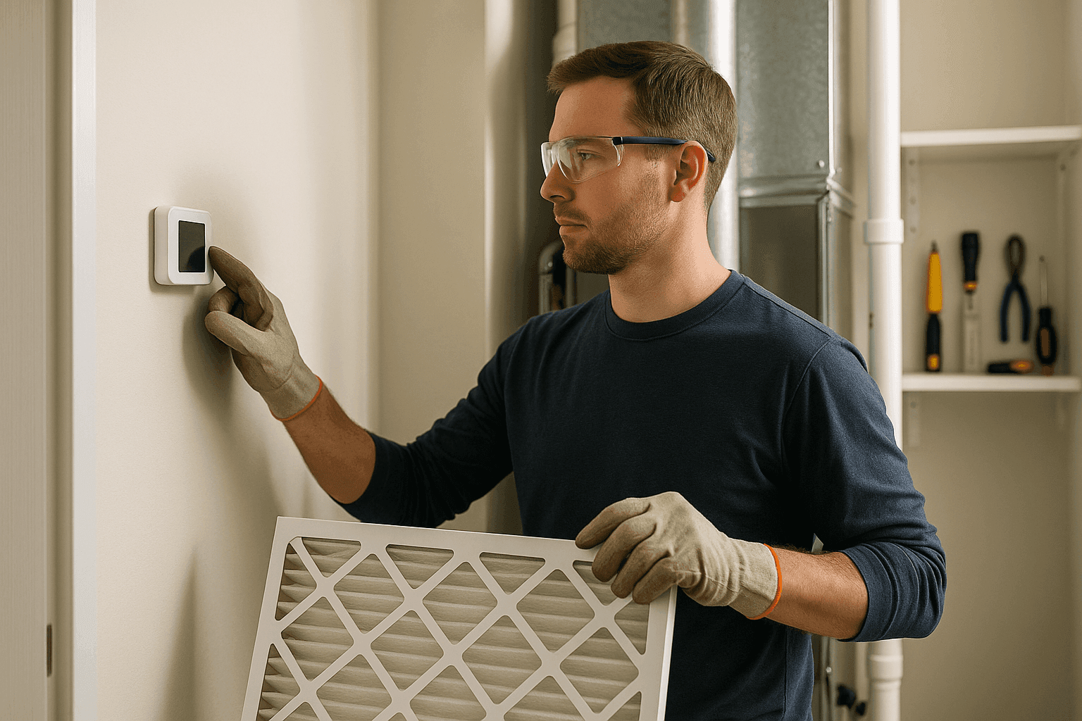 Homeowner checking thermostat and air filter for heating repair