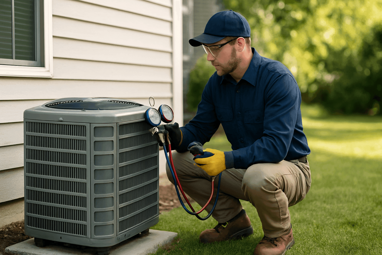 Technician performing seasonal HVAC maintenance on residential unit