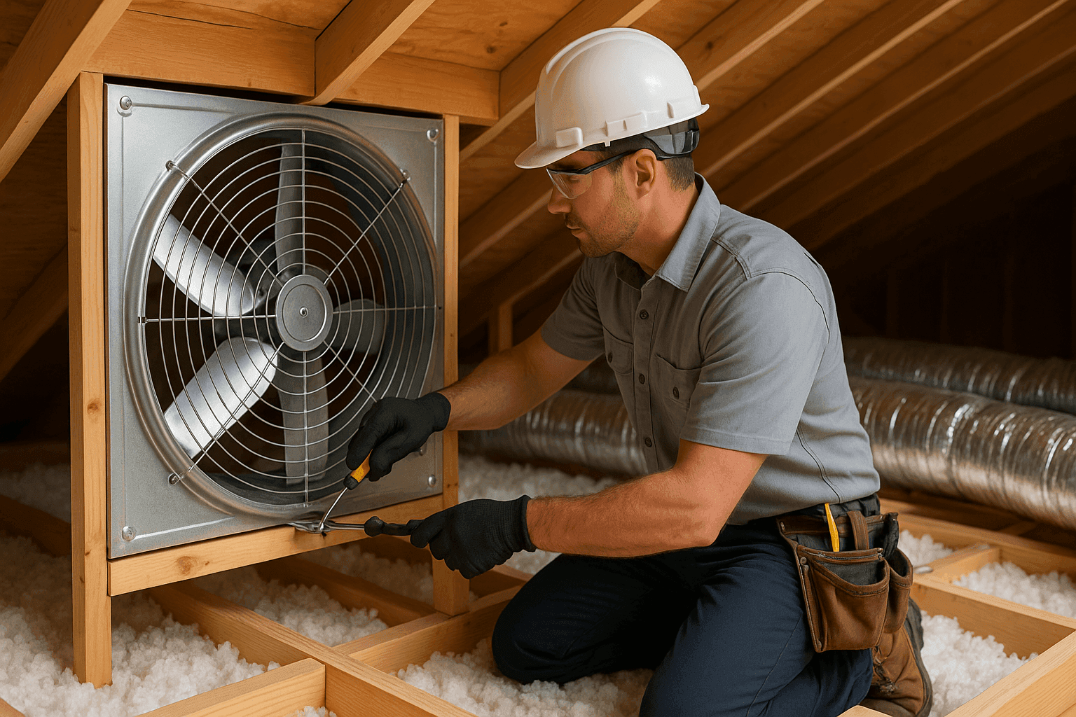 Technician installing whole-house fan in residential attic