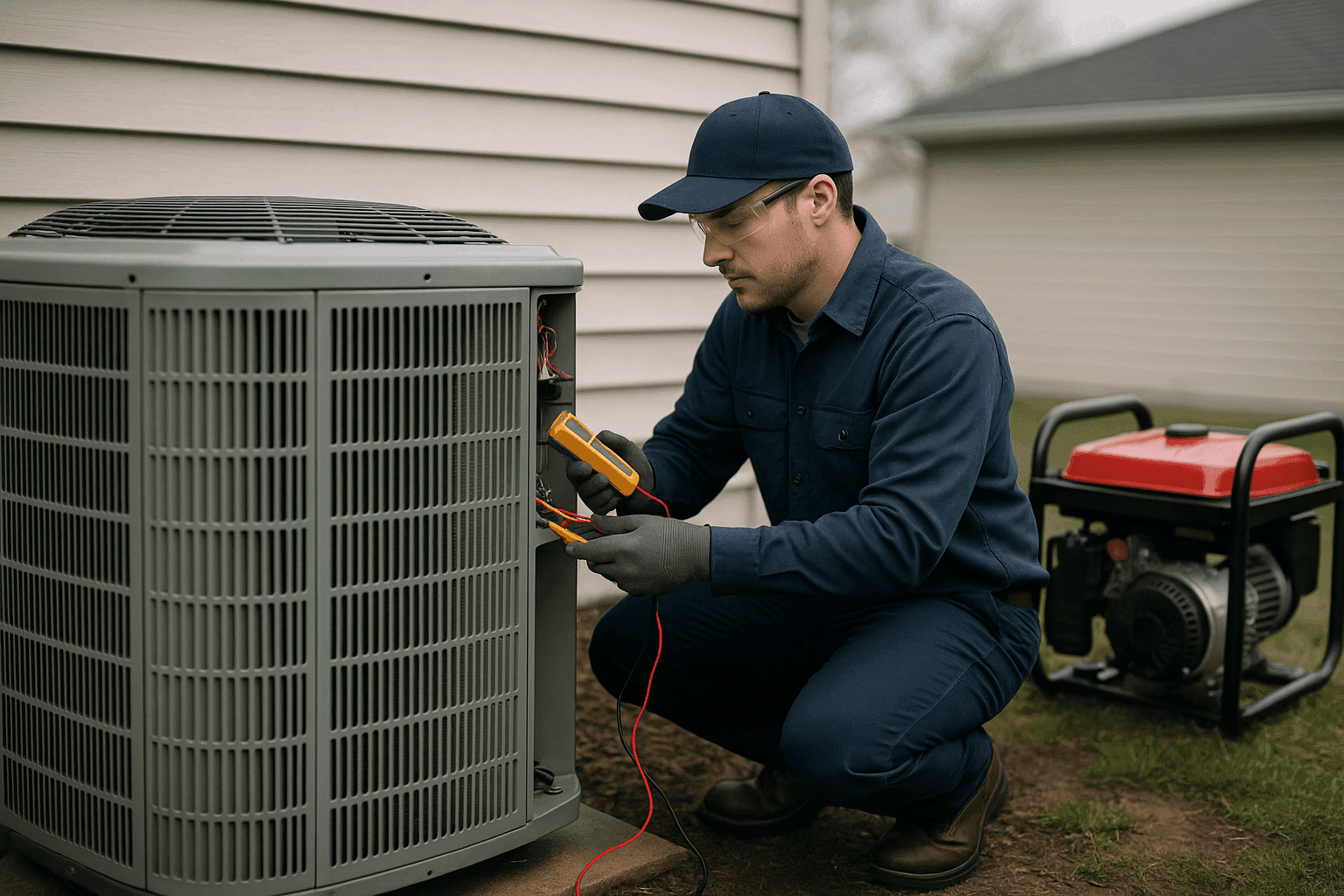 HVAC technician inspecting HVAC unit next to a running portable generator during power outage preparation
