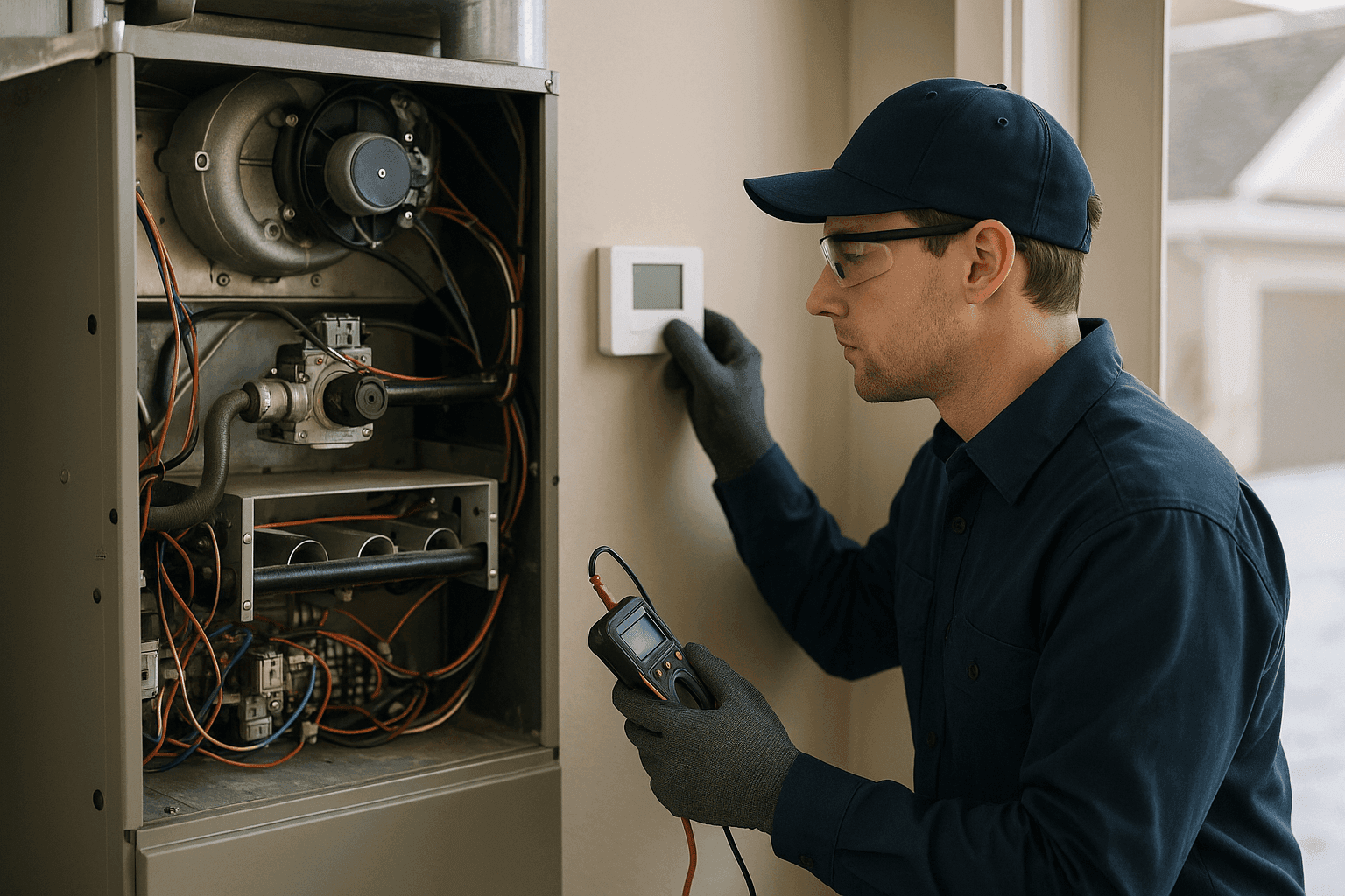 HVAC technician performing winter maintenance on a home heating system