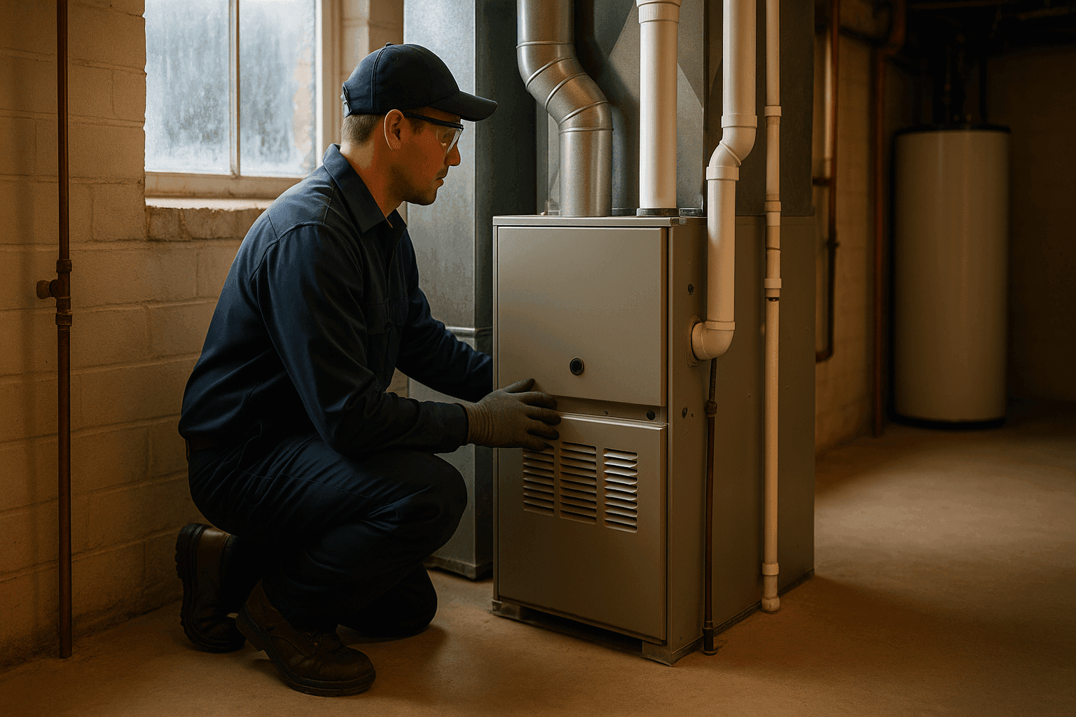 Technician inspecting furnace during winter storm prep